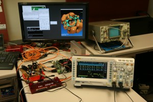A CUDA on ARM development board running VMD, with power usage displayed on an oscilloscope