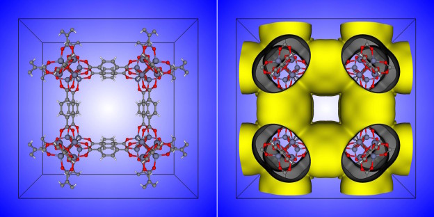 Figure 2: A nanoporous material can be abstracted as a raveled-up surface. On the left is the unit cell of the IRMOF-1 crystal structure. On the right is a depiction of the surface that IRMOF-1 forms.