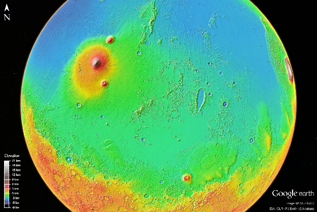 Figure 1: A view of Mars centered on Elysium Planitia, which includes some of the youngest volcanic terrains on the planet. Performing a systematic regional survey of sub-kilometer-scale landforms, such as volcanic rootless cones, would be prohibitively time consuming using manual methods, but is ideal for Machine Learning algorithms such as Convolutional Neural Networks (CNNs).