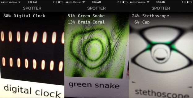 Figure 4: A colleague pointed an image recognition iPhone app powered by Deep Learning at our "fooling images" displayed on a computer screen and the iPhone/app was equally fooled! That demonstrates that fooling images are robust and generalize across different lighting conditions, angles, camera lenses and networks. Image credit: Dileep George.