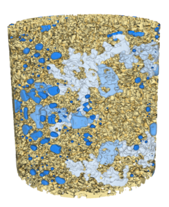Figure 1: Complex 3D microstructure showing fluid ganglia within a sandstone sample imaged using x-ray micro-tomography. The connected components of the oil phase are shown in various shades of blue.